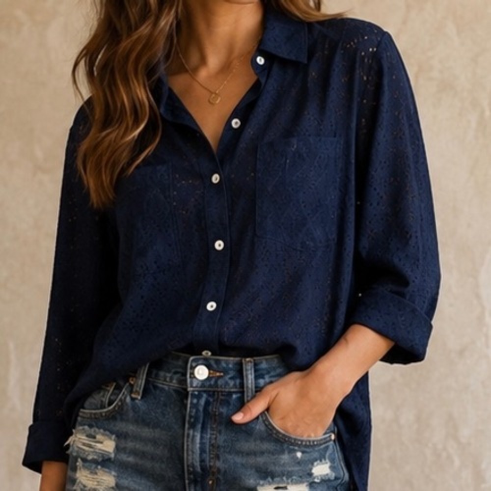 Chicos Navy Blue Jacquard Diamond Burnout Button Down Shirt Size 2 Large